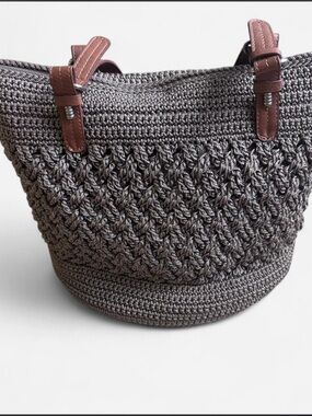 The Sak Woven Crochet Tote Bag in Dark Gray with Brown trim